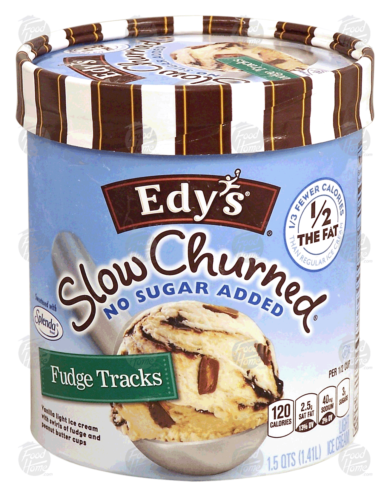 Edy's Slow Churned fudge tracks; vanilla ice cream w/fudge and peanut butter cups, no sugar added Full-Size Picture